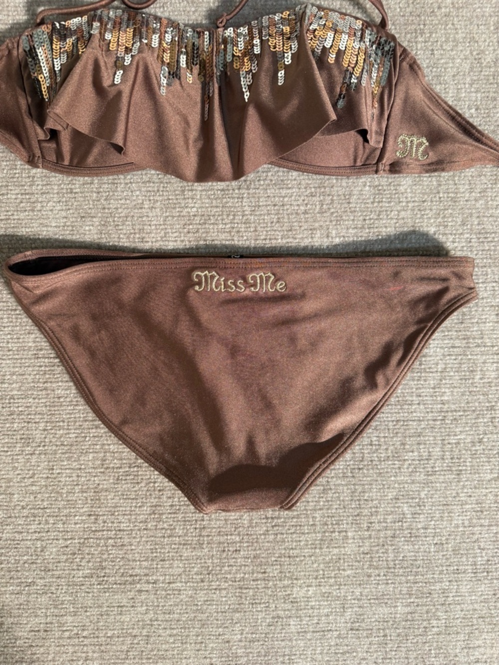 Miss Me Brown Bronze Sequined Bandeau Bikini Set Y2K Glam Swimwear – Small - Picture 3 of 10